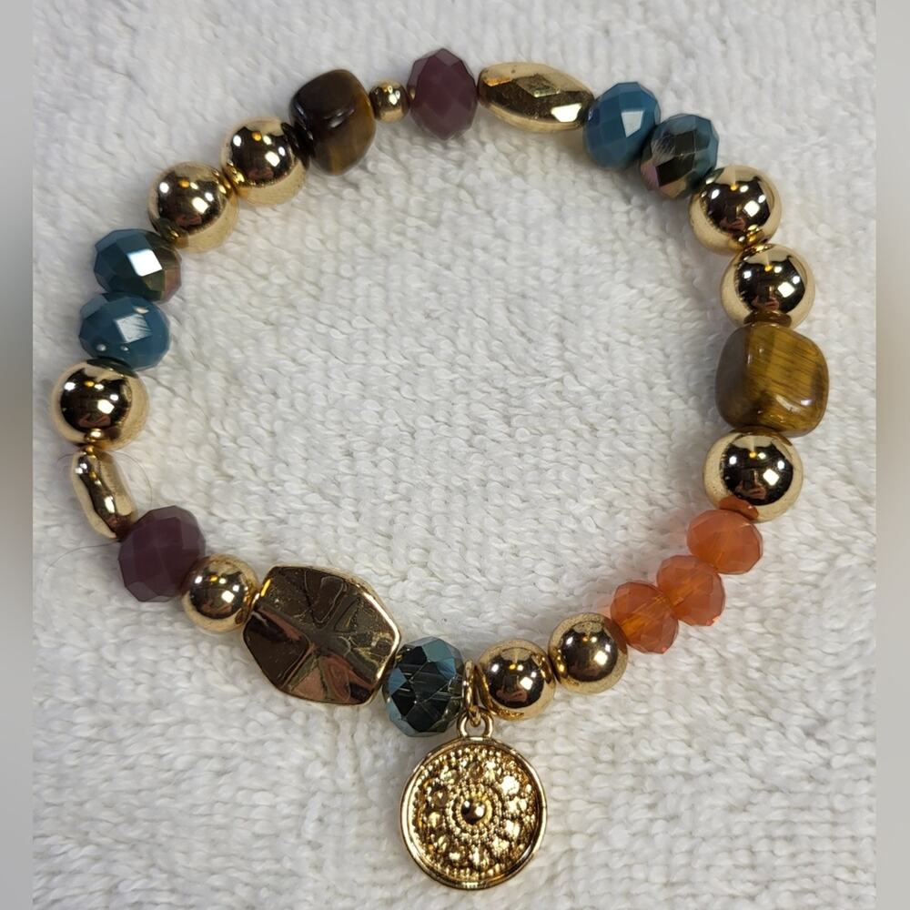 Multi-Colored Gold Tone Beaded Bracelet Set of 3 – Boho Charm Stack - Picture 8 of 8